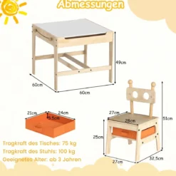 Kindertisch mit 2 Stühlen in Roboterform 4-in-1 Aktivitätstisch mit beidseitiger Weißwandtafel & Schultafel