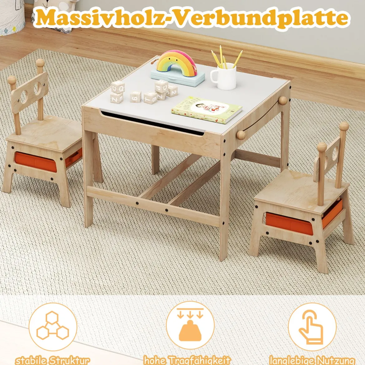 Kindertisch mit 2 Stühlen in Roboterform 4-in-1 Aktivitätstisch mit beidseitiger Weißwandtafel & Schultafel