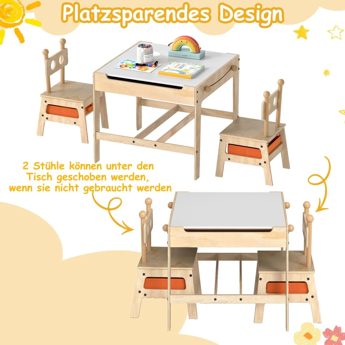 Kindertisch mit 2 Stühlen in Roboterform 4-in-1 Aktivitätstisch mit beidseitiger Weißwandtafel & Schultafel