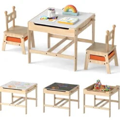 Kindertisch mit 2 Stühlen in Roboterform 4-in-1 Aktivitätstisch mit beidseitiger Weißwandtafel & Schultafel