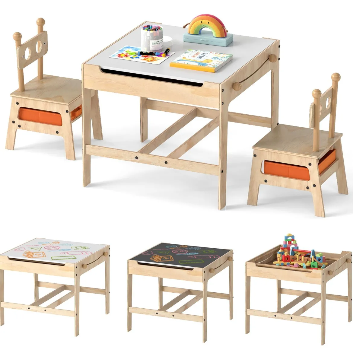 Kindertisch mit 2 Stühlen in Roboterform 4-in-1 Aktivitätstisch mit beidseitiger Weißwandtafel & Schultafel