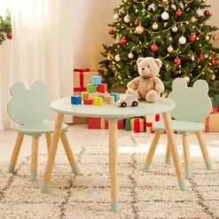 Kindertisch mit 2 Stühlen Kinderschreibtisch & froschförmiges Stuhlset mit Holzbeinen Grün