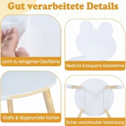 Kindertisch mit 2 Stühlen Kinderschreibtisch & froschförmiges Stuhlset mit Holzbeinen Weiß
