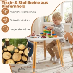 Kindertisch mit 2 Stühlen Kinderschreibtisch und Stuhl Set mit Holzbeinen Kindersitzgruppe Weiß