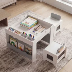 Kindertisch mit 2 Stühlen 3-teilige Kindersitzgruppe aus Holz mit Wendbarer & Abnembarer Grau