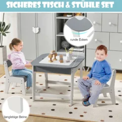 Kindertisch mit 2 Stühlen 3 TLG Kindersitzgruppe Holz mit Doppelseitiger Tischplatte Natur + Weiß/Grau/Natur