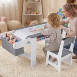 Kindertisch mit Stuhl Aktivitätstisch für Kinder mit Papierrolle Holz Maltisch mit 2 Schubladen Grau