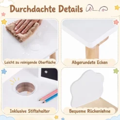 Kindertisch mit Stuhl Kinderschreibtisch mit Tafel für Kinder ab 3 Jahren Weiß + Natur