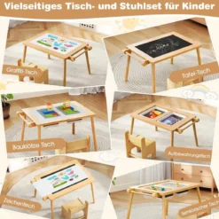 Kindertisch mit Umkehrbarer Tischplatte Höhenverstellbarer Spieltisch aus Kieferholz Natur