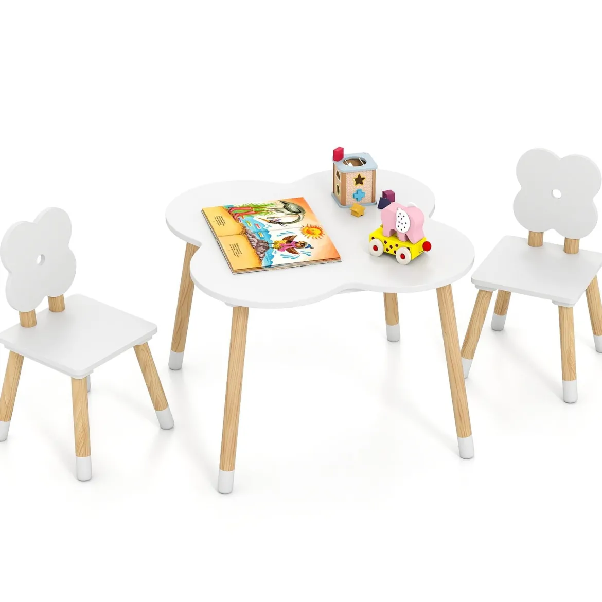 Kindertisch-Set in Blumenform hölzerner Spiel- und Aktivitätentisch für Kinder mit 2 kindgerechten Stühlen Weiß