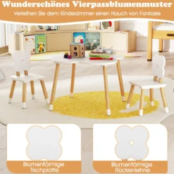 Kindertisch-Set in Blumenform hölzerner Spiel- und Aktivitätentisch für Kinder mit 2 kindgerechten Stühlen Weiß