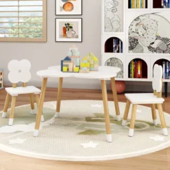 Kindertisch-Set in Blumenform hölzerner Spiel- und Aktivitätentisch für Kinder mit 2 kindgerechten Stühlen Weiß