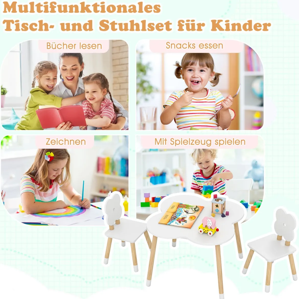 Kindertisch-Set in Blumenform hölzerner Spiel- und Aktivitätentisch für Kinder mit 2 kindgerechten Stühlen Weiß
