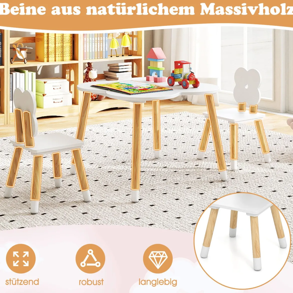 Kindertisch-Set in Blumenform hölzerner Spiel- und Aktivitätentisch für Kinder mit 2 kindgerechten Stühlen Weiß