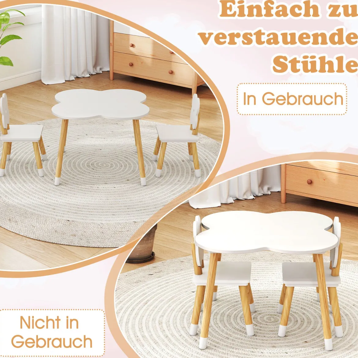 Kindertisch-Set in Blumenform hölzerner Spiel- und Aktivitätentisch für Kinder mit 2 kindgerechten Stühlen Weiß