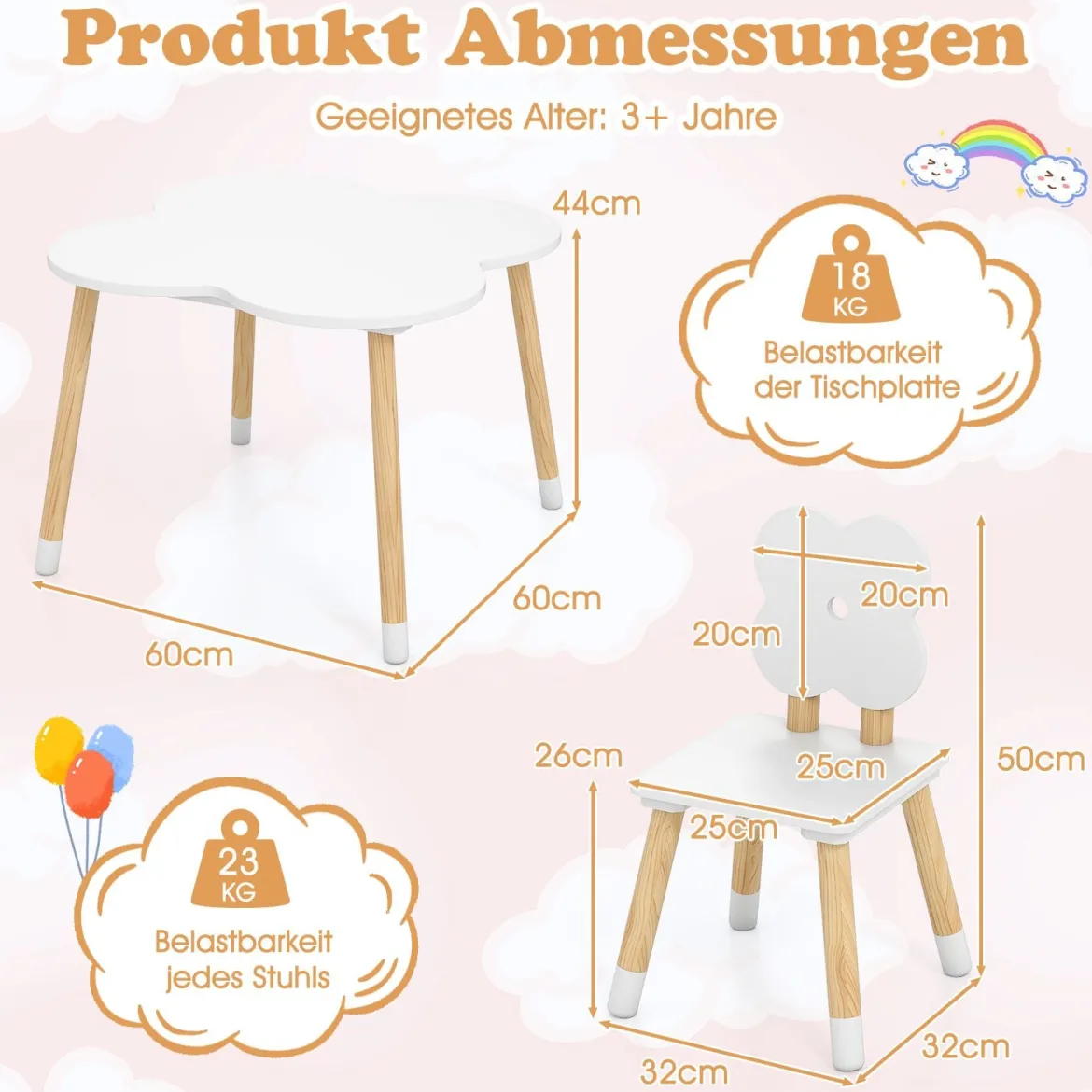 Kindertisch-Set in Blumenform hölzerner Spiel- und Aktivitätentisch für Kinder mit 2 kindgerechten Stühlen Weiß