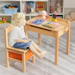 Kindertisch + Stuhl aus Massivholz mit Klappbarer Tischplatte & Schublade & Haken