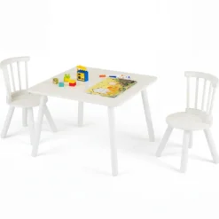 Kindertisch und 2 Stühle Set Holz Kinder Aktivitätstisch-Set mit geschwungenen Spindel-Rückenlehnen Weiß