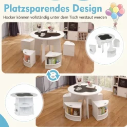 Kindertisch und Stuhl Set aus Holz 5 Teilige Kindersitzgruppe Rund mit 4 Stauraumhocker Weiß