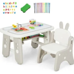 Kindertisch- und Stuhlset Kunsttisch und Stuhl für Kleinkinder mit aufklappbarem Bücherregal Grau