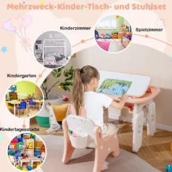 Kindertisch- und Stuhlset Kunsttisch und Stuhl für Kleinkinder mit aufklappbarem Bücherregal Rosa