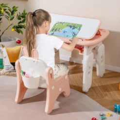 Kindertisch- und Stuhlset Kunsttisch und Stuhl für Kleinkinder mit aufklappbarem Bücherregal Rosa