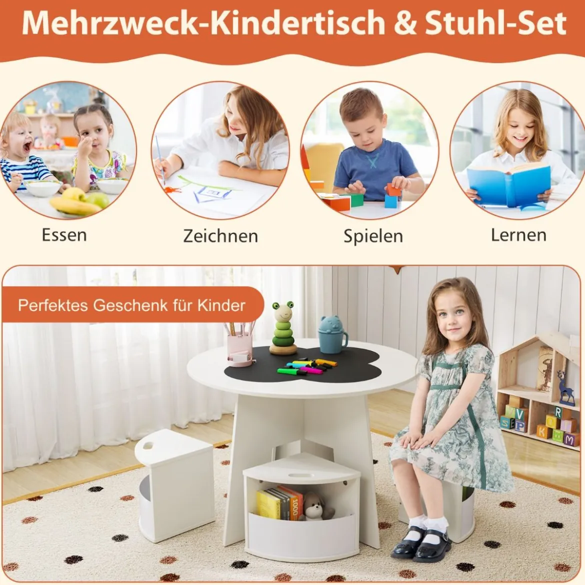 Kindertisch und Stuhl Set rund 5 teilige Kindersitzgruppe aus Holz mit 4 Stauraumhocker Weiß