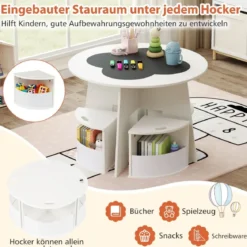 Kindertisch und Stuhl Set rund 5 teilige Kindersitzgruppe aus Holz mit 4 Stauraumhocker Weiß