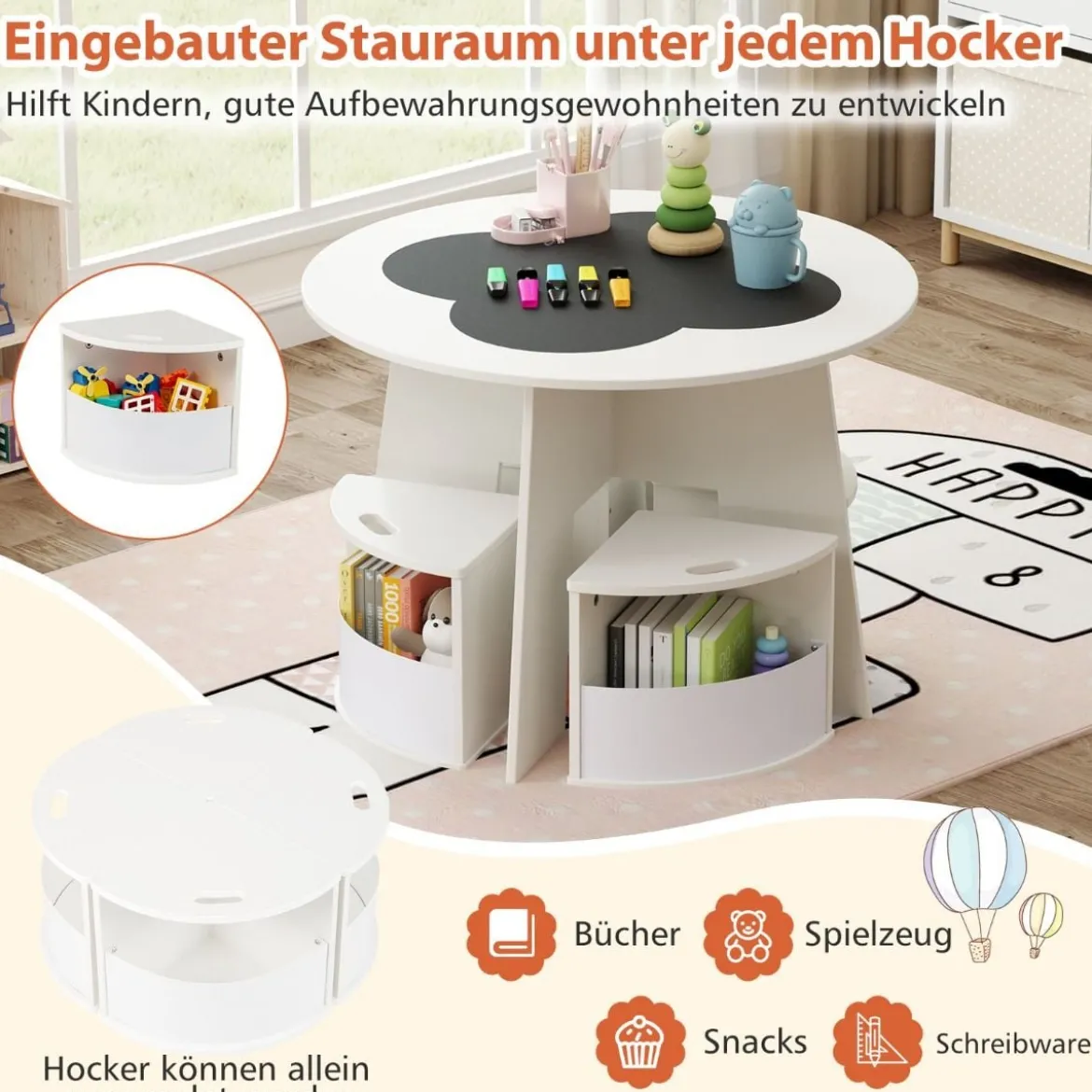 Kindertisch und Stuhl Set rund 5 teilige Kindersitzgruppe aus Holz mit 4 Stauraumhocker Weiß