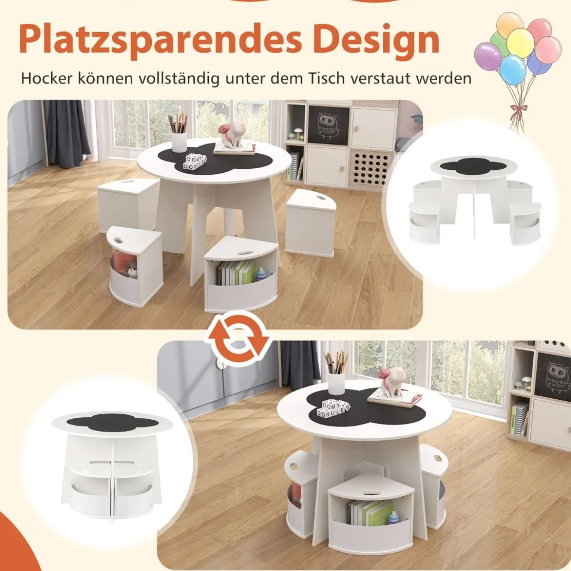 Kindertisch und Stuhl Set rund 5 teilige Kindersitzgruppe aus Holz mit 4 Stauraumhocker Weiß