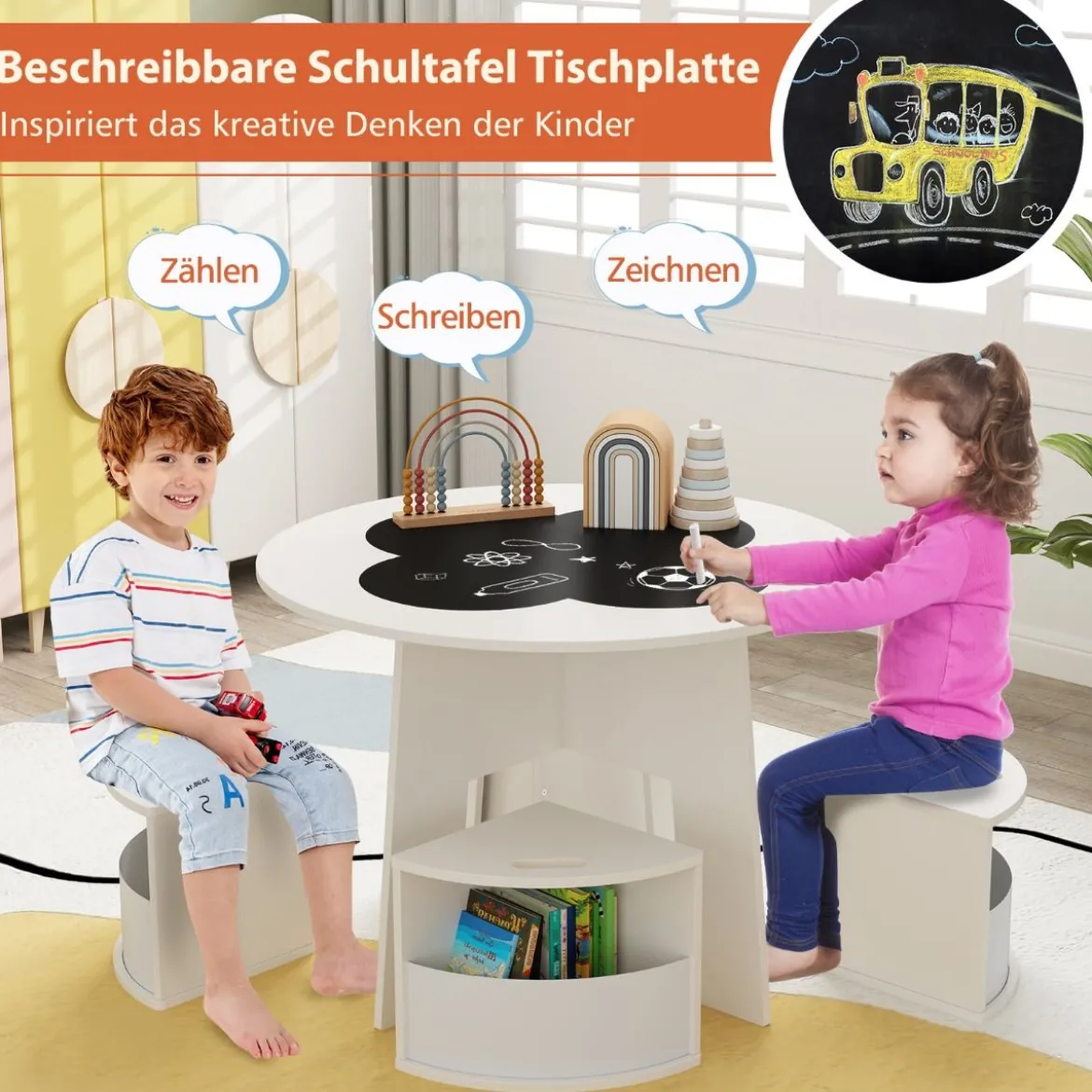 Kindertisch und Stuhl Set rund 5 teilige Kindersitzgruppe aus Holz mit 4 Stauraumhocker Weiß