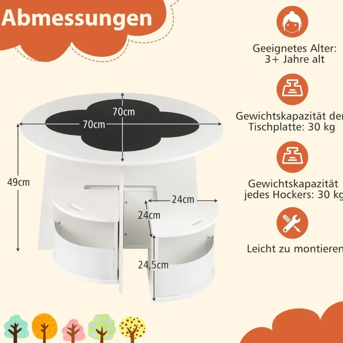 Kindertisch und Stuhl Set rund 5 teilige Kindersitzgruppe aus Holz mit 4 Stauraumhocker Weiß
