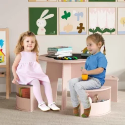 Kindertisch und Stuhl Set rund 5 teilige Kindersitzgruppe aus Holz mit 4 Stauraumhocker Rosa