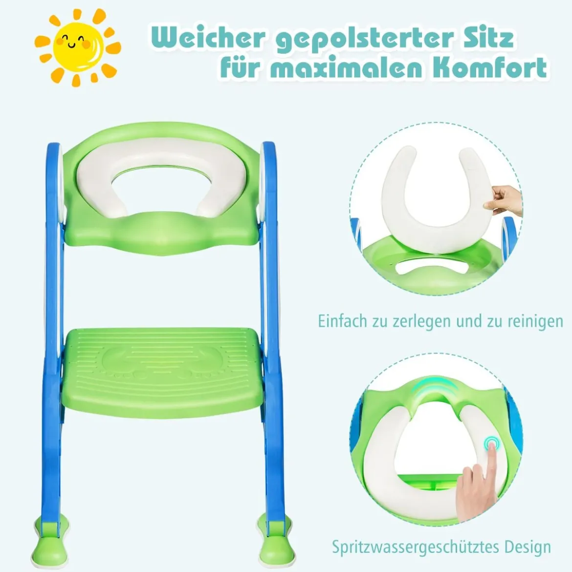 Kinder Toilettensitz höhenverstellbar Töpfchentraining Toilettensitz mit Tritthocker Leiter Kindertoilette Blau und Grün