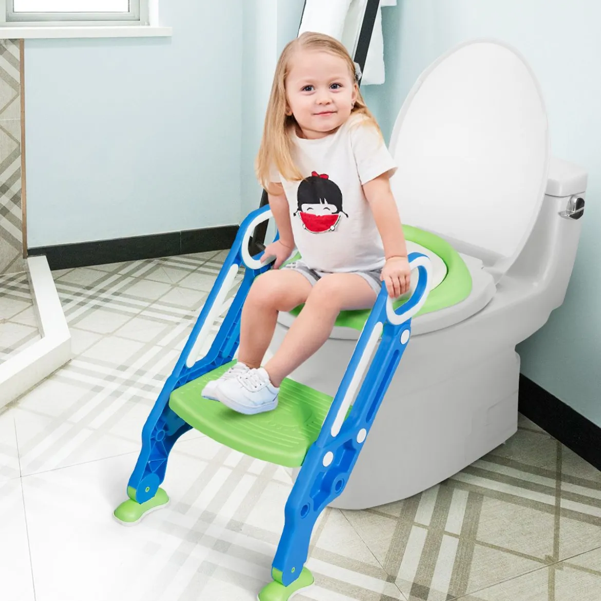 Kinder Toilettensitz höhenverstellbar Töpfchentraining Toilettensitz mit Tritthocker Leiter Kindertoilette Blau und Grün