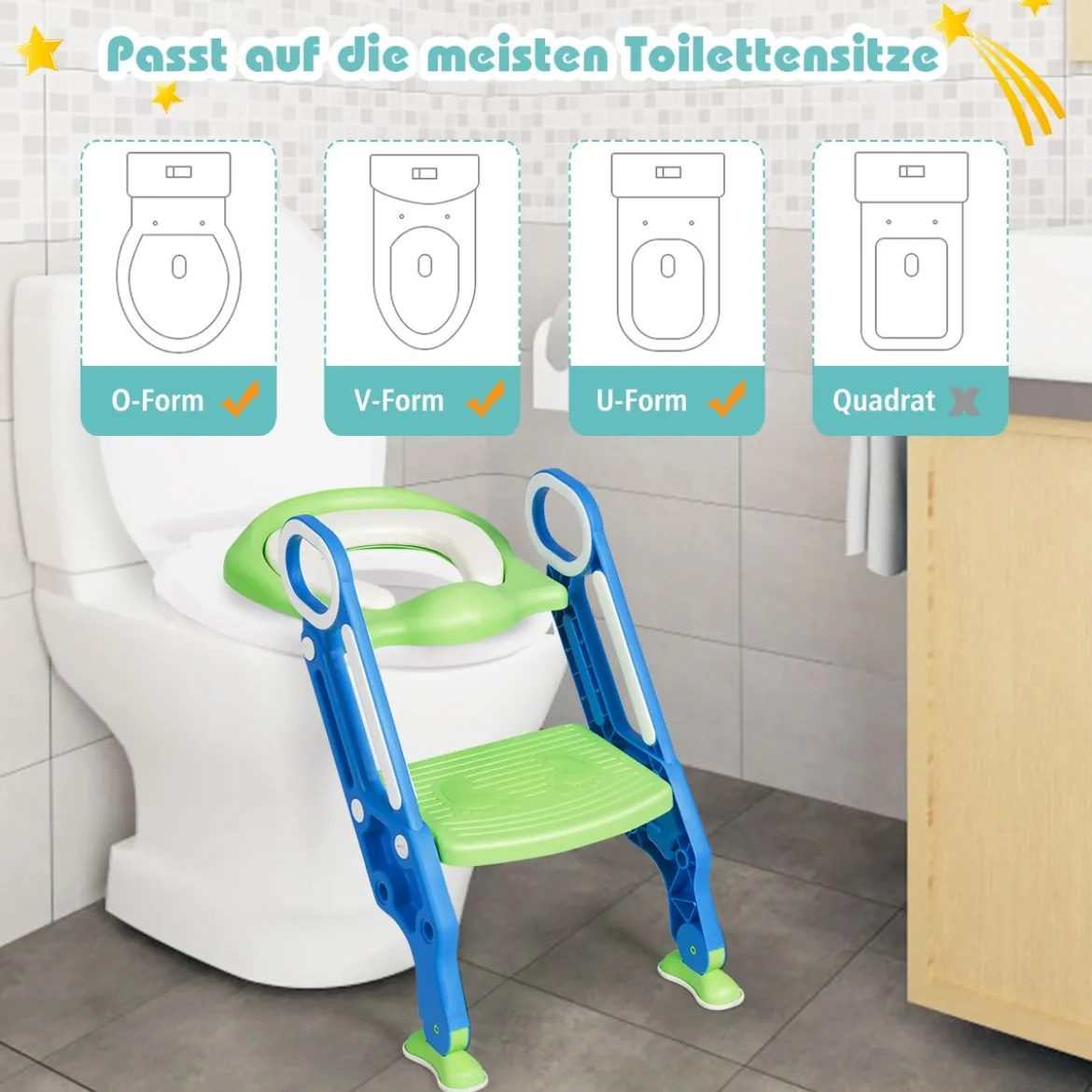 Kinder Toilettensitz höhenverstellbar Töpfchentraining Toilettensitz mit Tritthocker Leiter Kindertoilette Blau und Grün
