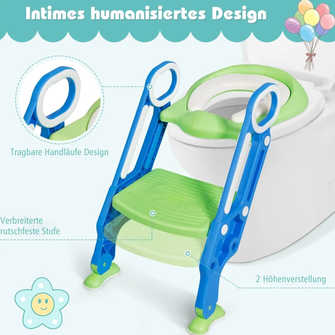 Kinder Toilettensitz höhenverstellbar Töpfchentraining Toilettensitz mit Tritthocker Leiter Kindertoilette Blau und Grün