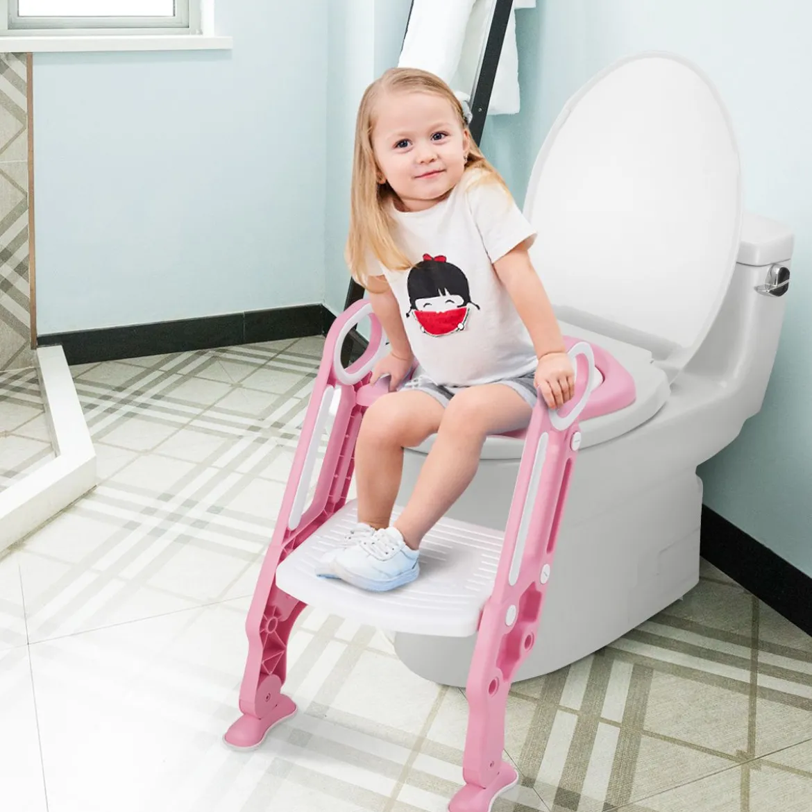 Kinder Toilettensitz höhenverstellbar Töpfchentraining Toilettensitz faltbarer Toilettentrainer Sitz Rosa