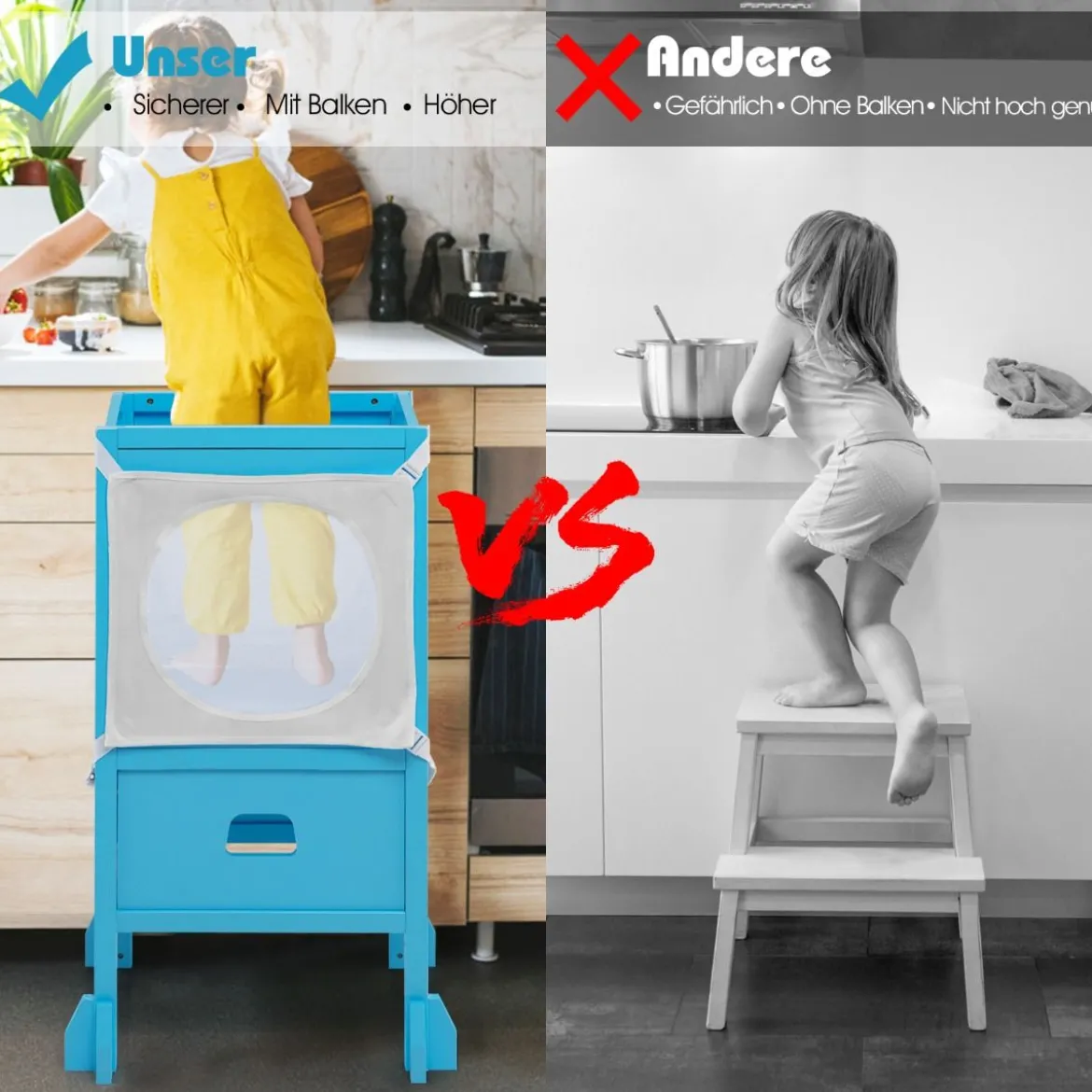Kinder Tritthocker mit 2-stufig verstellbarer Höhe & Sicherheitsnetz für Kinder ab 18 Monate Blau