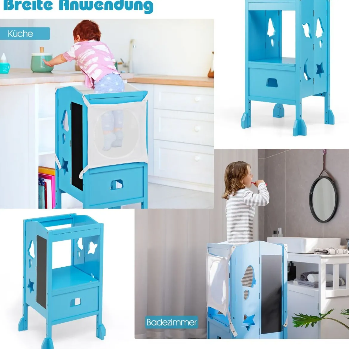 Kinder Tritthocker mit 2-stufig verstellbarer Höhe & Sicherheitsnetz für Kinder ab 18 Monate Blau