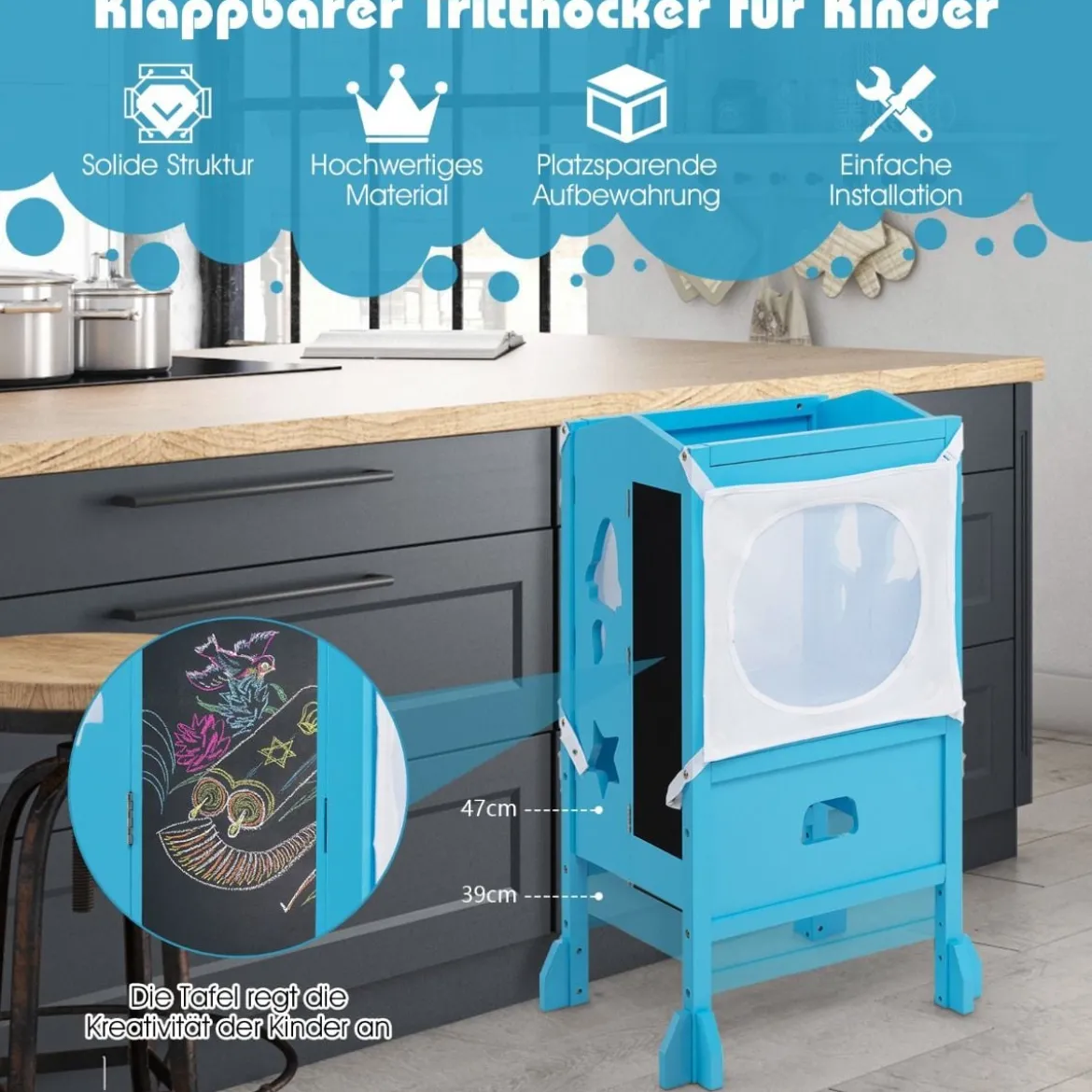 Kinder Tritthocker mit 2-stufig verstellbarer Höhe & Sicherheitsnetz für Kinder ab 18 Monate Blau