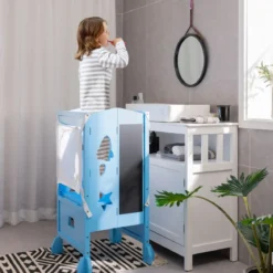Kinder Tritthocker mit 2-stufig verstellbarer Höhe & Sicherheitsnetz für Kinder ab 18 Monate Blau