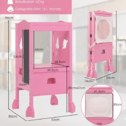 Kinder Tritthocker mit 2-stufig verstellbarer Höhe & Sicherheitsnetz für Kinder ab 18 Monate Rosa