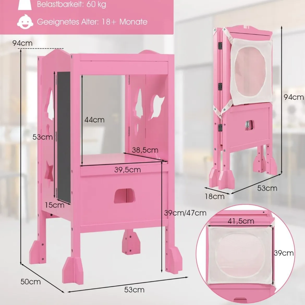 Kinder Tritthocker mit 2-stufig verstellbarer Höhe & Sicherheitsnetz für Kinder ab 18 Monate Rosa