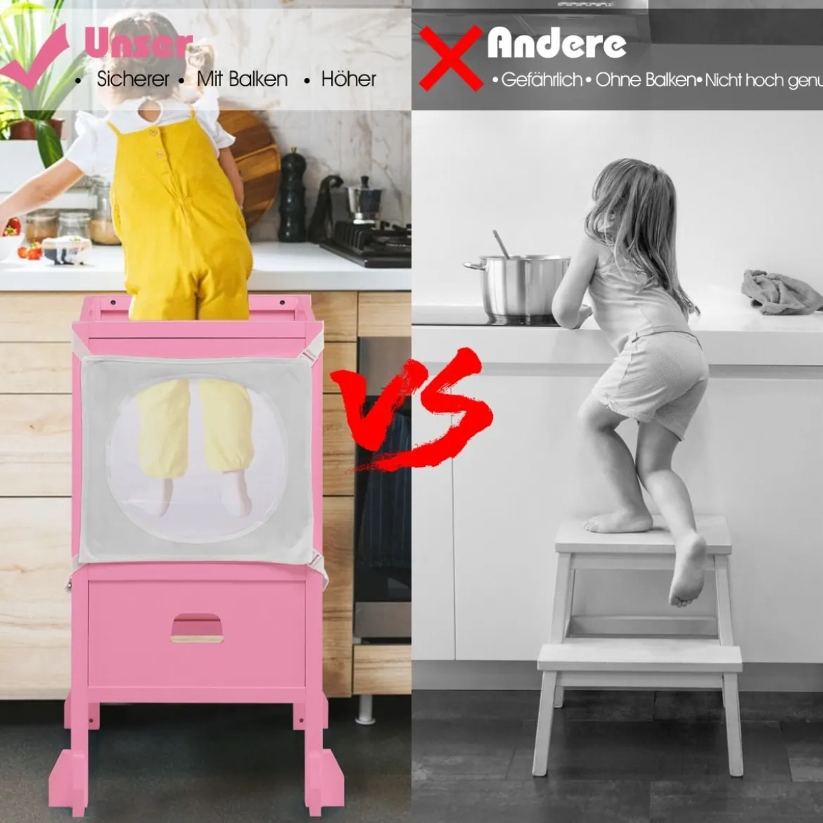 Kinder Tritthocker mit 2-stufig verstellbarer Höhe & Sicherheitsnetz für Kinder ab 18 Monate Rosa