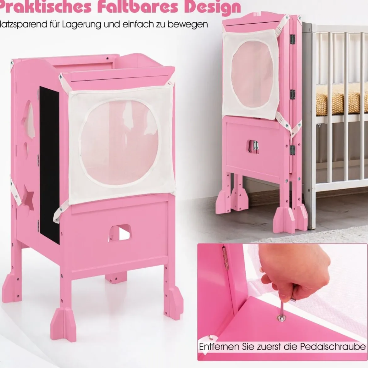Kinder Tritthocker mit 2-stufig verstellbarer Höhe & Sicherheitsnetz für Kinder ab 18 Monate Rosa