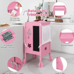 Kinder Tritthocker mit 2-stufig verstellbarer Höhe & Sicherheitsnetz für Kinder ab 18 Monate Rosa