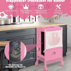 Kinder Tritthocker mit 2-stufig verstellbarer Höhe & Sicherheitsnetz für Kinder ab 18 Monate Rosa
