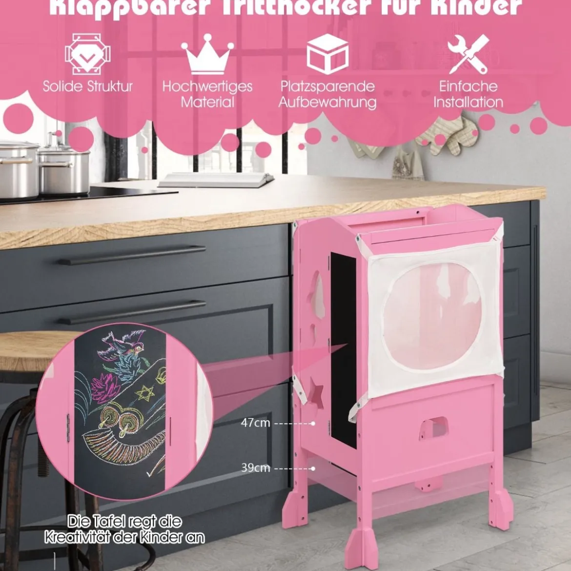 Kinder Tritthocker mit 2-stufig verstellbarer Höhe & Sicherheitsnetz für Kinder ab 18 Monate Rosa