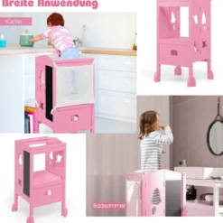 Kinder Tritthocker mit 2-stufig verstellbarer Höhe & Sicherheitsnetz für Kinder ab 18 Monate Rosa
